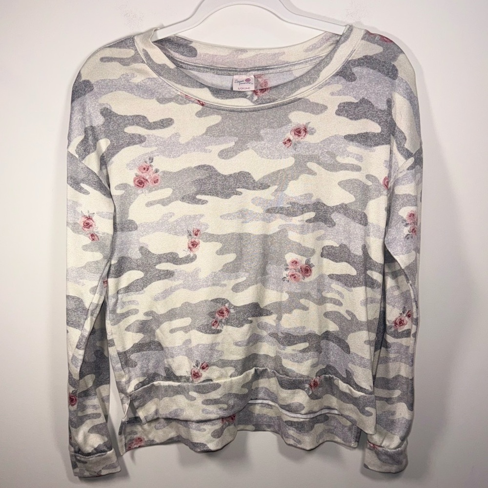 Secret Treasures Grey Camo Crew Neck Lounge Long Sleeve Top Pink Floral Small